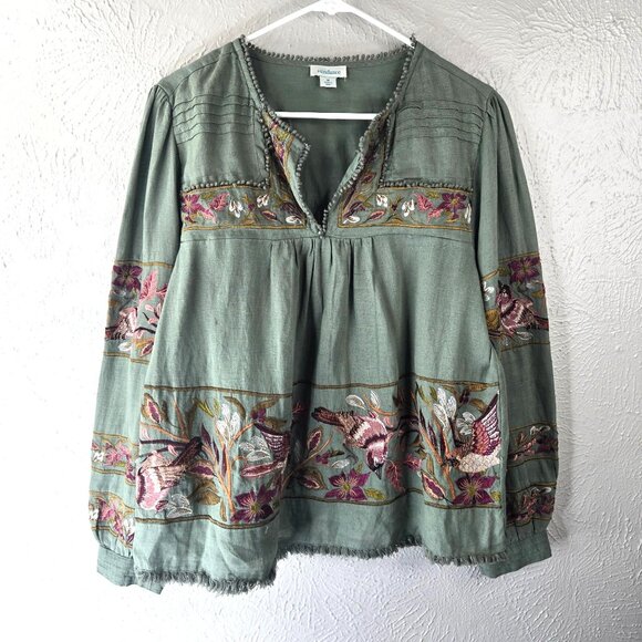 Sundance Tops - Sundance Boho Blouse Medium Dark Green Linen Floral Bird Embroidered Peasant Top